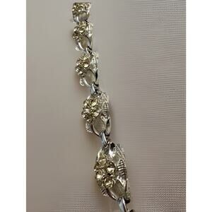 Vintage Coro Silvertone Link Panel Floral Rhinestone 7” Bracelet W/ Safety Chain